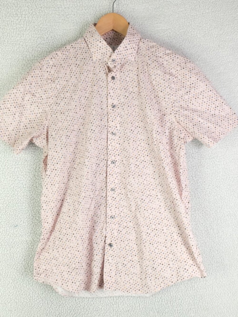 Emanuel Berg Shirt Mens Medium Pink Polka Dot Button Up Short Sleeve Modern Fit